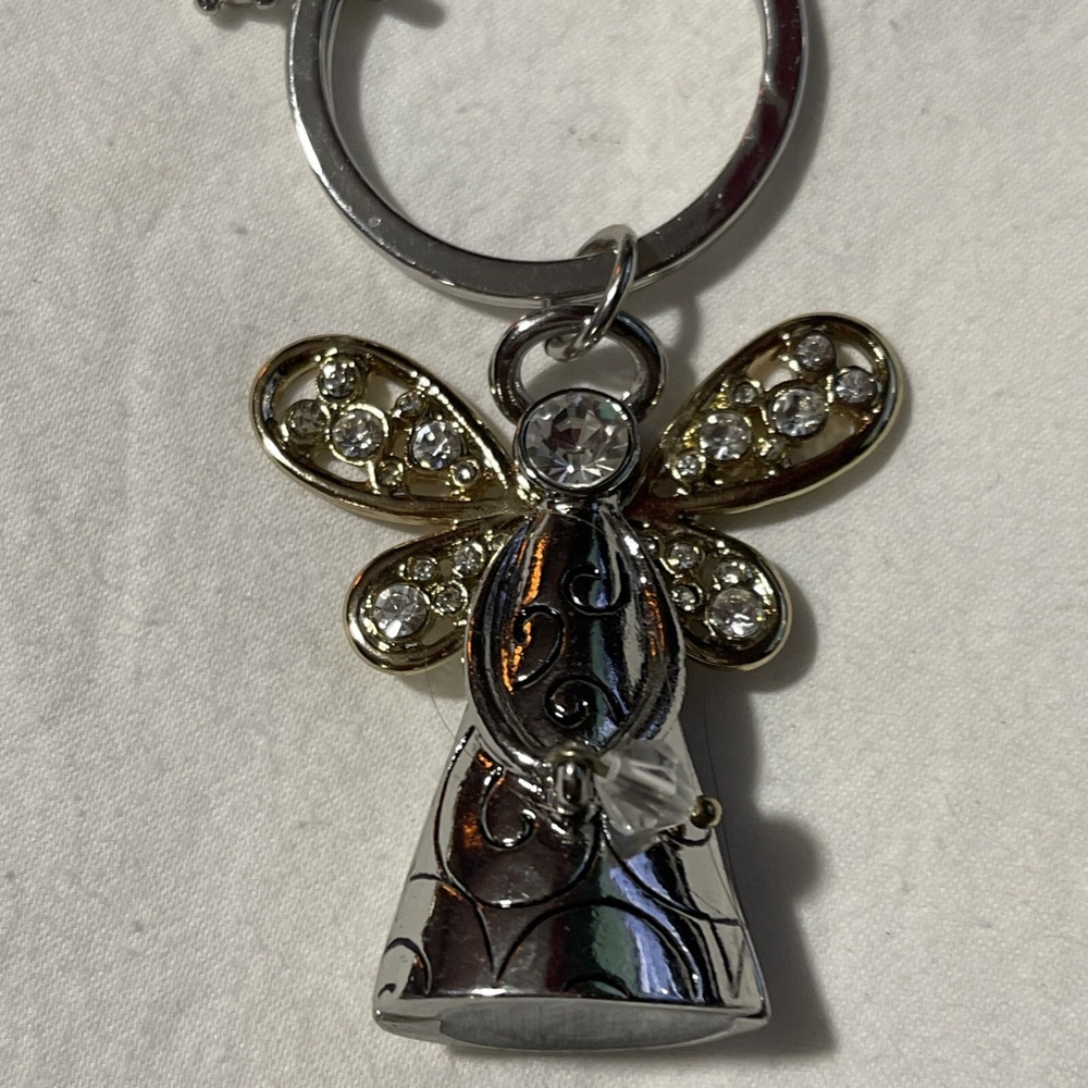 Chico's Silver & Gold Tone Metal Engraved Angel w/ Clear Rhinestones Keychain - Picture 2 of 5
